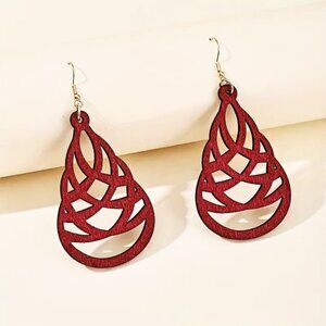 FAB Red Wooden Laser Carved Wood Dangle Earrings NEW